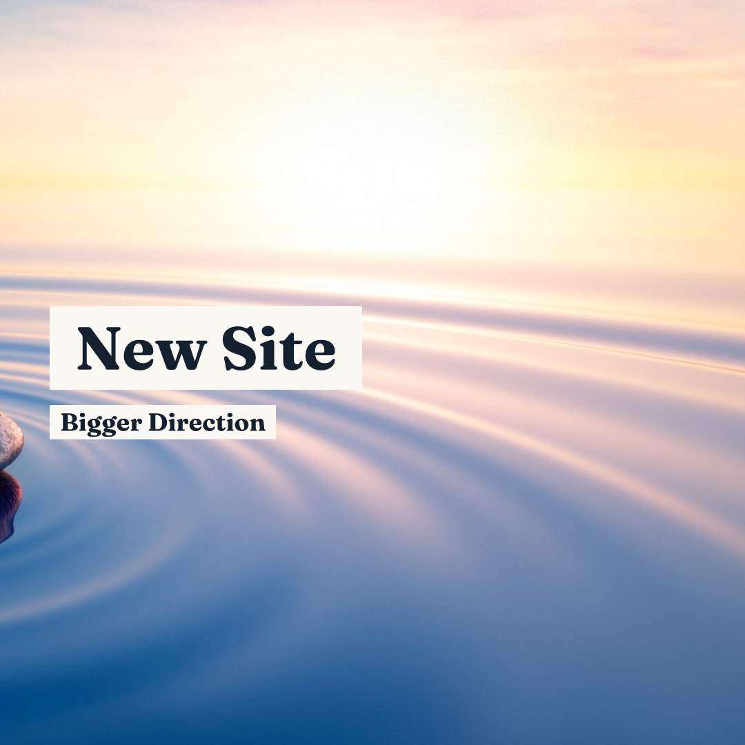 Sunset light reflecting on rippling water with text overlays reading New Site and Bigger Direction.